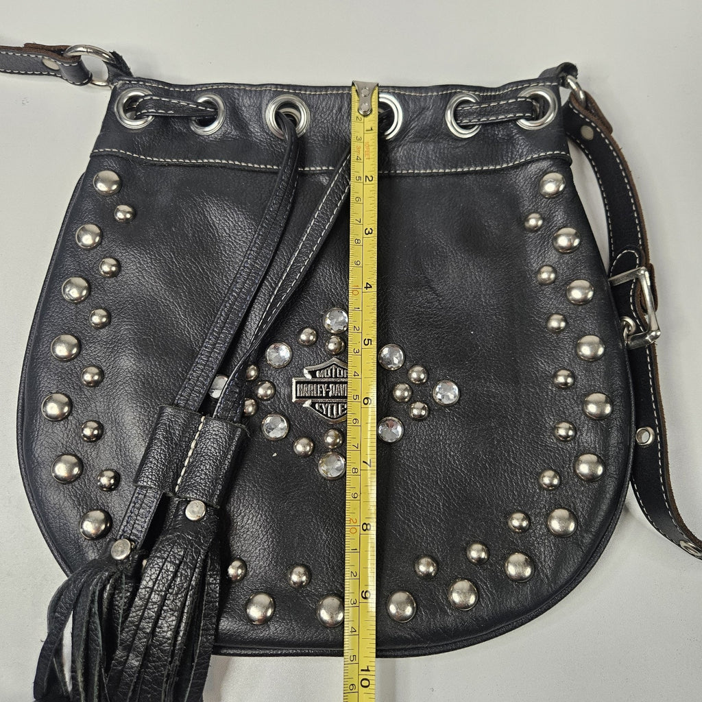Y2K Women's Black Leather Drawstring Harley-Davidson Purse Rhinestones Studs