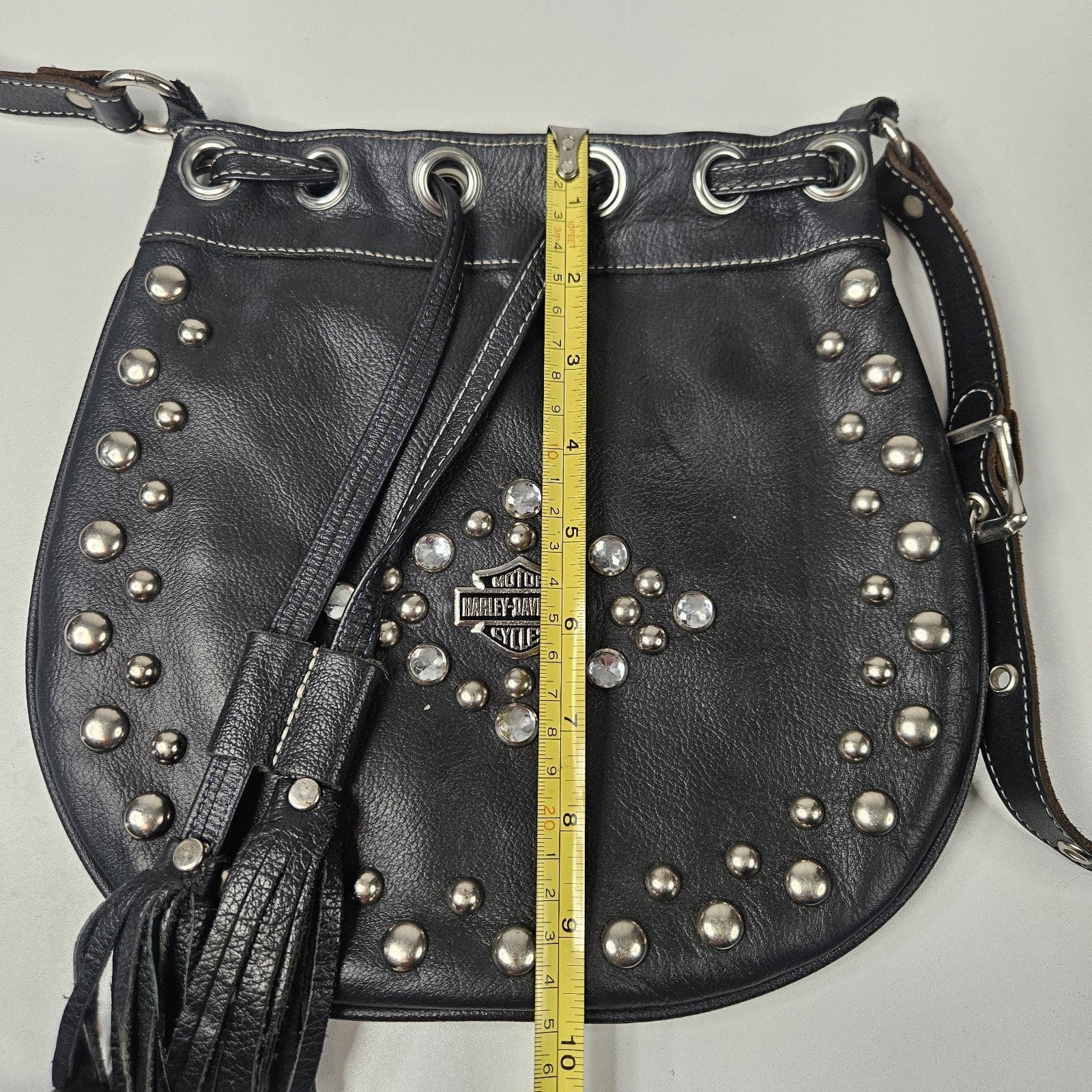 Y2K Women's Black Leather Drawstring Harley-Davidson Purse Rhinestones Studs
