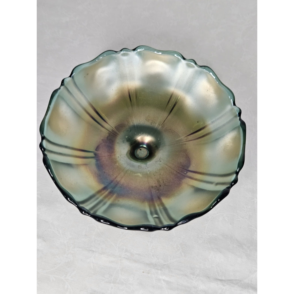 Vintage Carnival Glass Dish Bullseye Pedestal Ice Cream Iridescent Fluted Rim