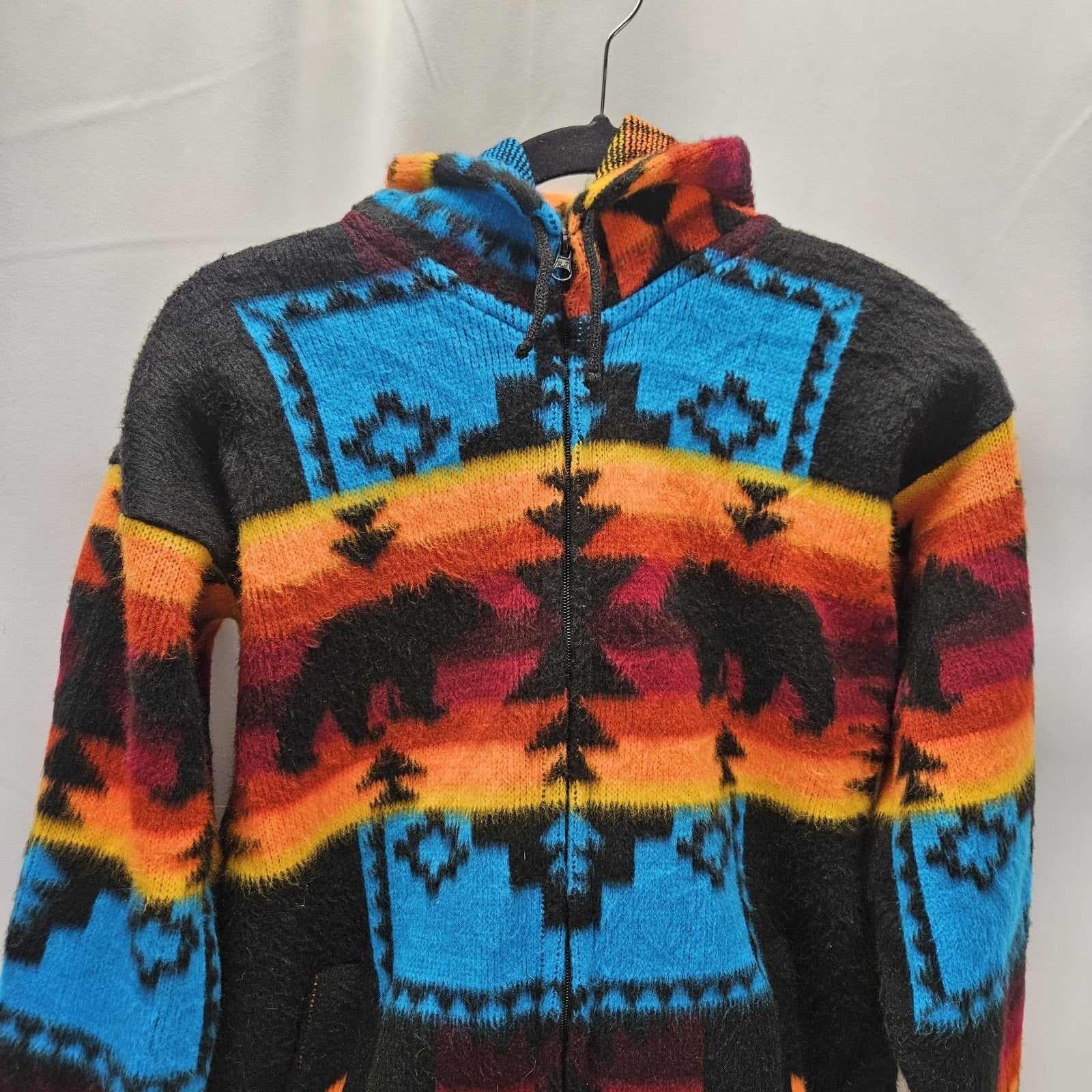 Artesanias 100% Wool Teal Aztec Southwest Full Zip Hooded Sweater Hoodie Small