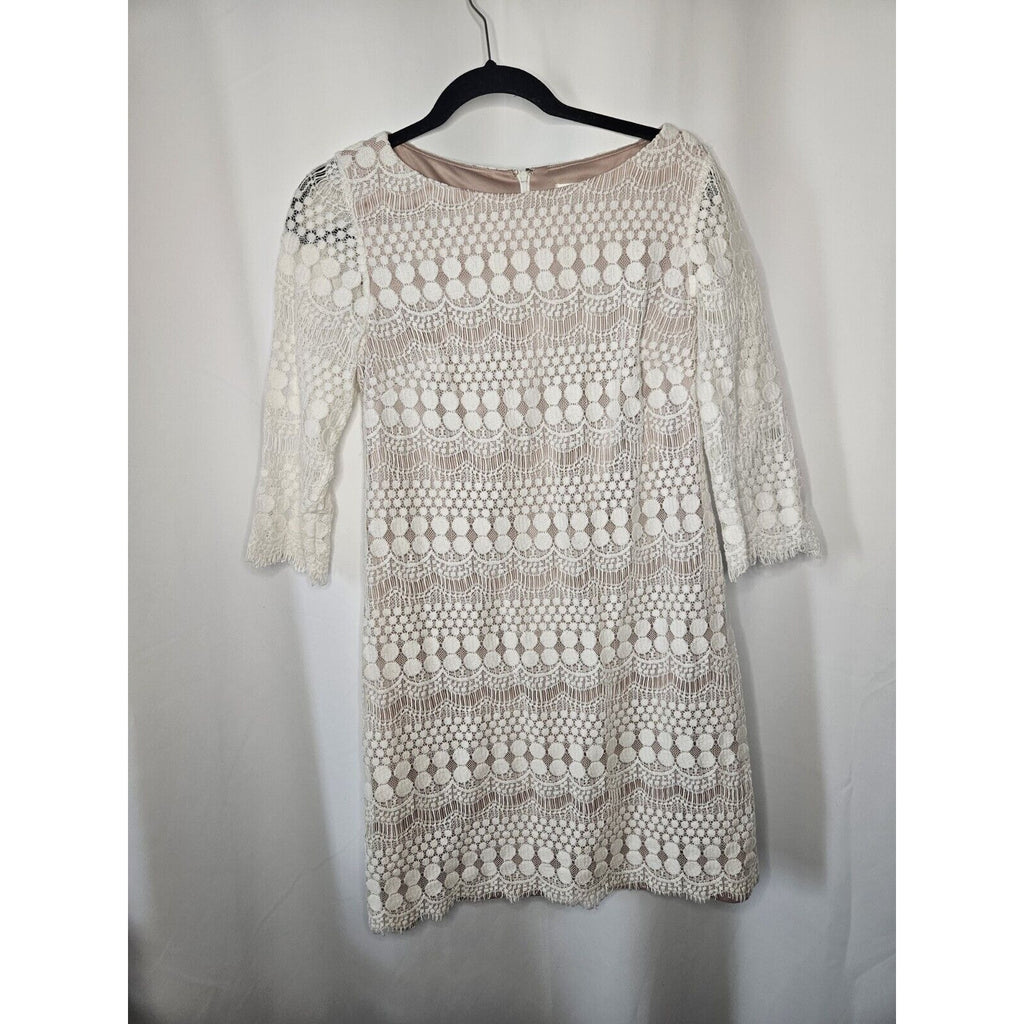 Eliza J Shift Dress Womens Size 6 Layered White Lace Lined 3/4 Sleeve Above Knee