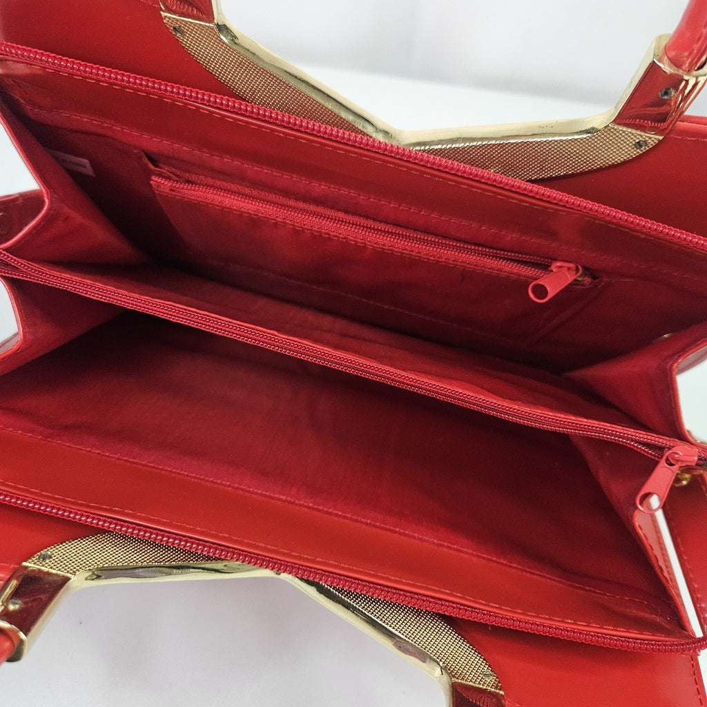 Retro Inspired Glossy Statement Handbag Red Gold Accents Acrylic Shoulder Purse