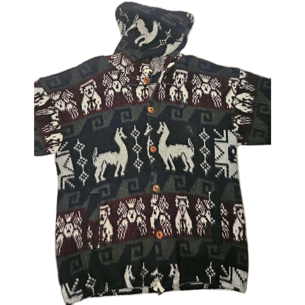 Wool Alpaca Print Hooded Cardigan Button Up Sweater- Grey/White/Plum/Green-L