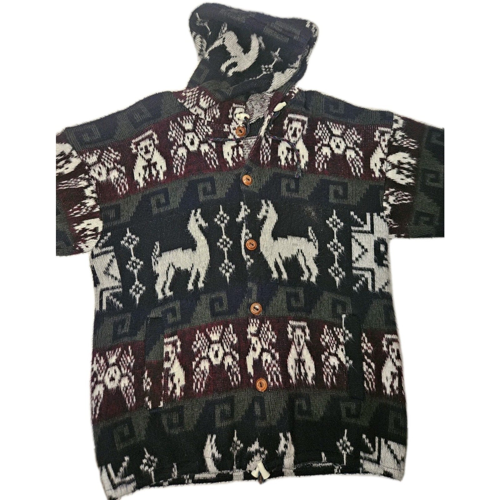 Wool Alpaca Print Hooded Cardigan Button Up Sweater- Grey/White/Plum/Green-L