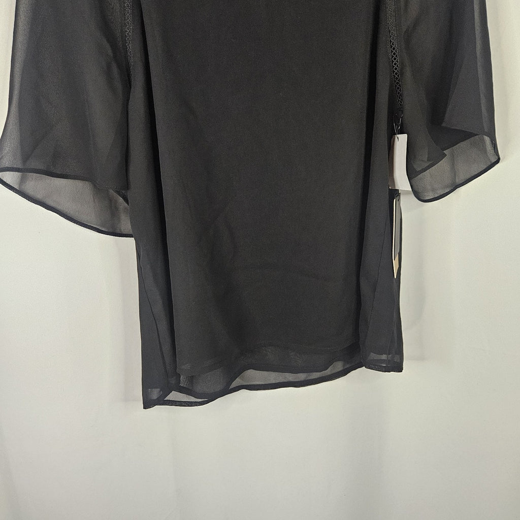 Halogen Top NWT Black Sheer Short Sleeve Crochet Trim Pullover Women's Size M