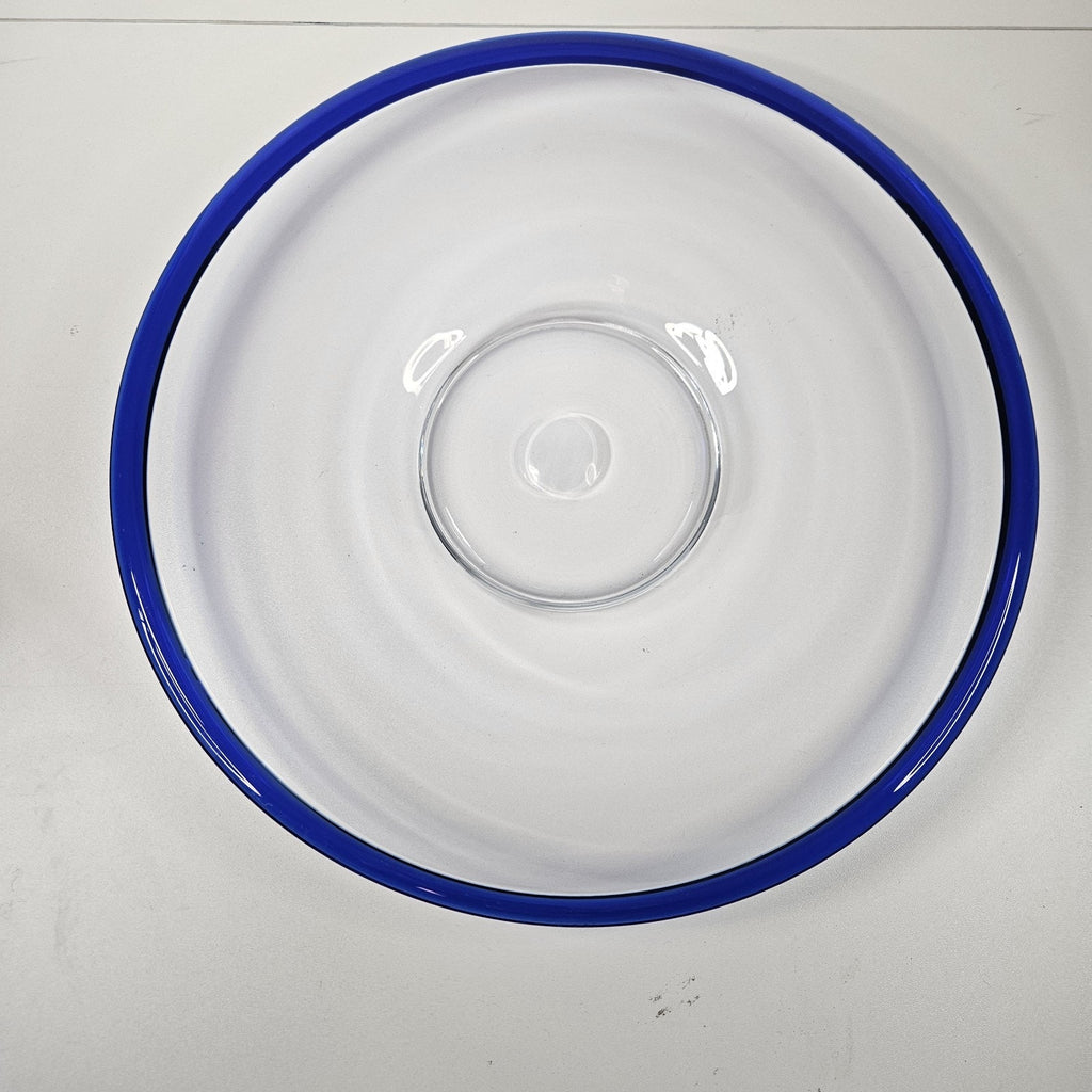 Vintage Hand Blown Blue Rim Clear Glass Platter Plate 13-3/4" Modern Candle Tray