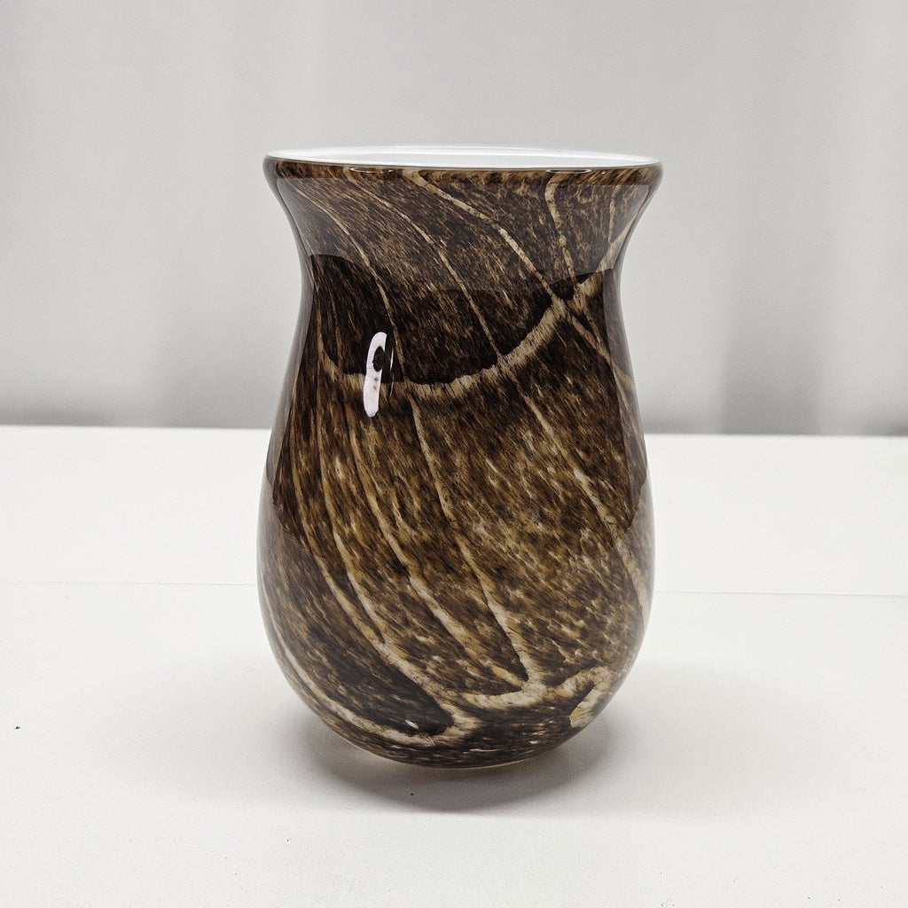 Vtg MURANO STYLE GLASS 6.5" VASE Speckled Gold & Brown White Stripes Earthy