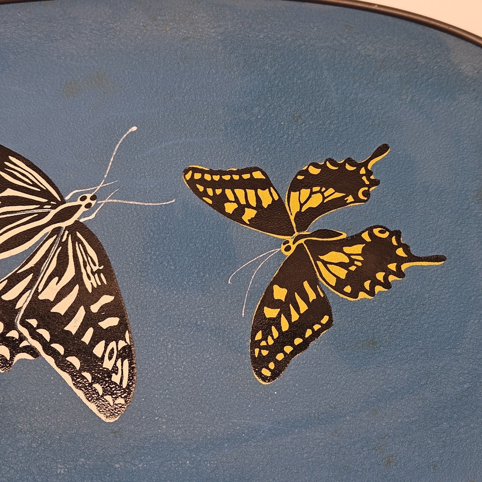 Vintage Handpainted Oval Butterfly Tray With Handles 18"x12" Blue Retro Boho