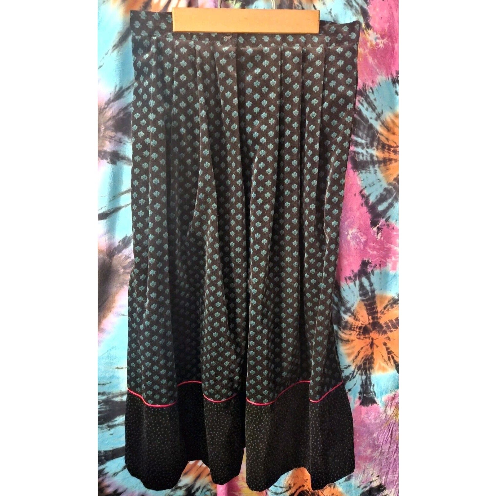 VTG Susan Bristol Velvet Long Skirt 10 Black Green Print Floral Cottagecore Goth