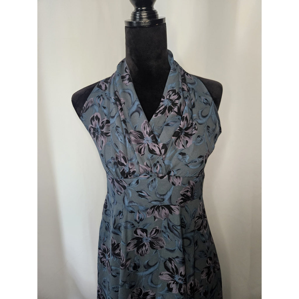 Vintage High Neck Sleeveless Dress Sheer Floral Maxi Blue Empire Waist XS 0/2