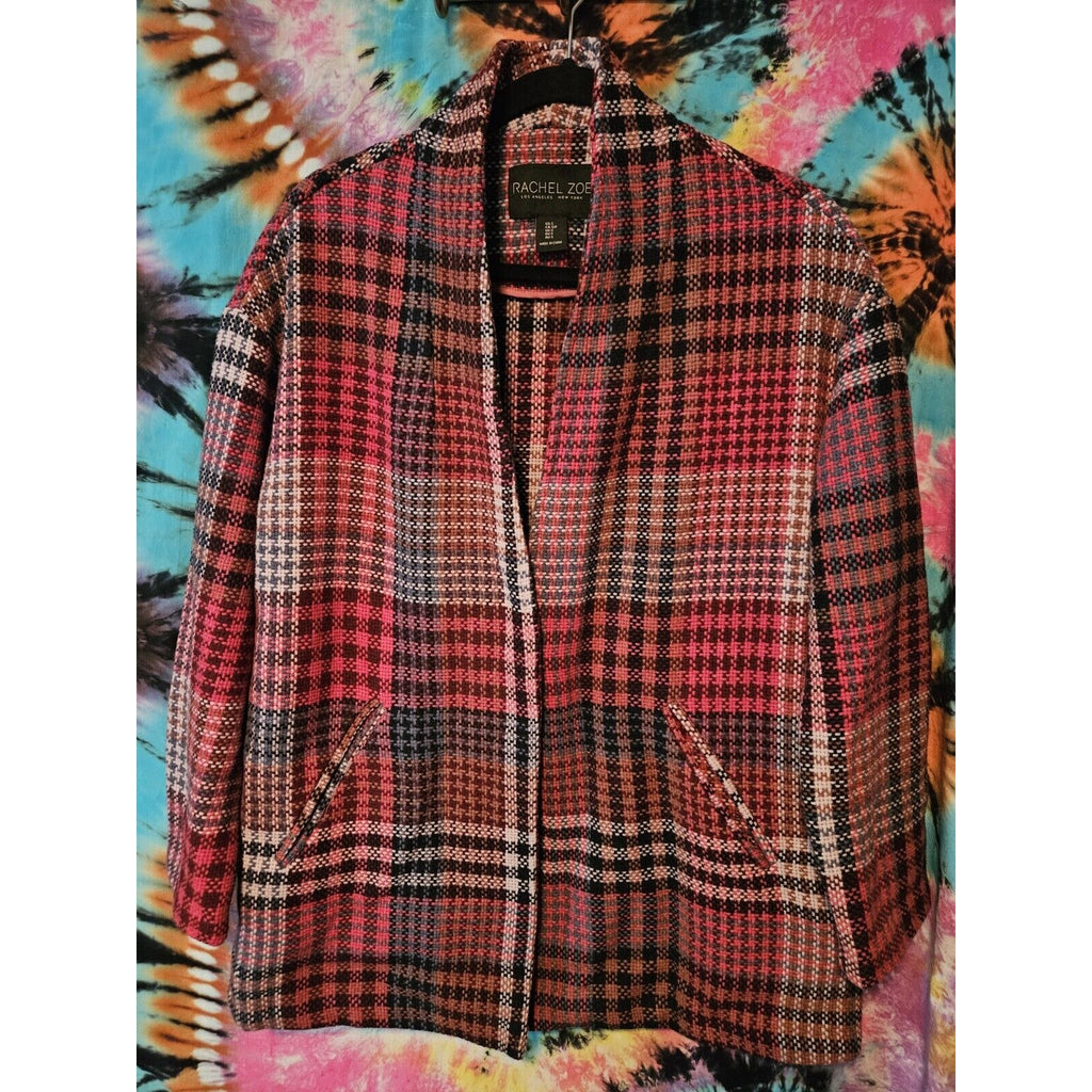 RACHEL ZOE Jacket Plaid Wool Blend Oversized Coat Pink Red Women's Size Small