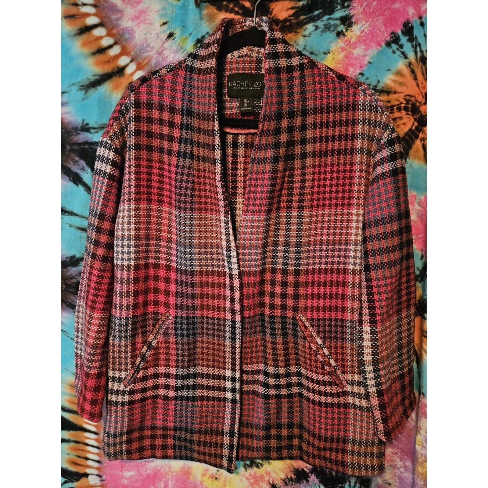 RACHEL ZOE Jacket Plaid Wool Blend Oversized Coat Pink Red Women's Size Small