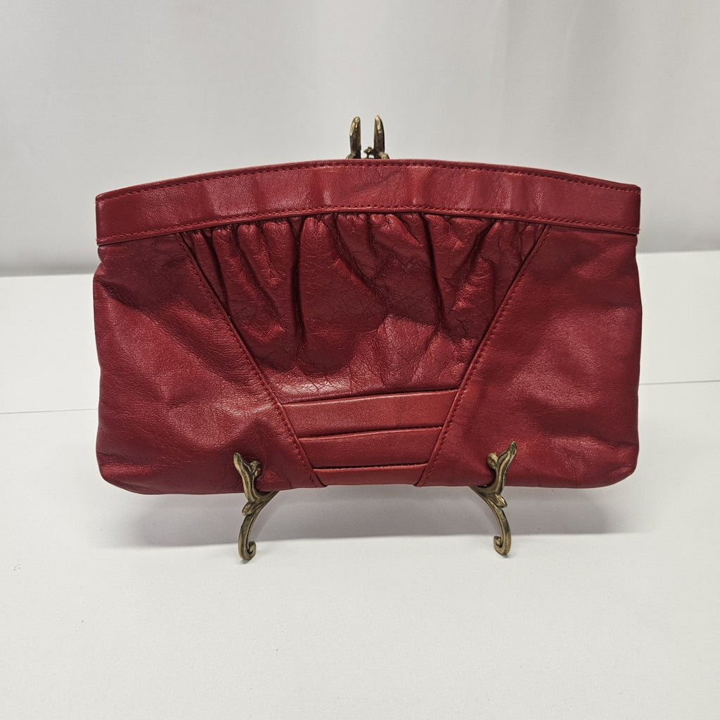 Art Deco Vintage Red Genuine Leather Clutch Bag Retro Purse Made In Hong Kong