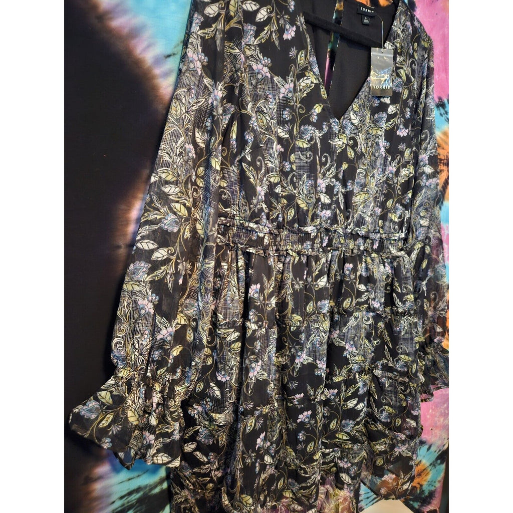 Torrid Mini Chiffon Tiered Dress Black Floral w/Gold Threads Sz 0 Lg 14 Pockets