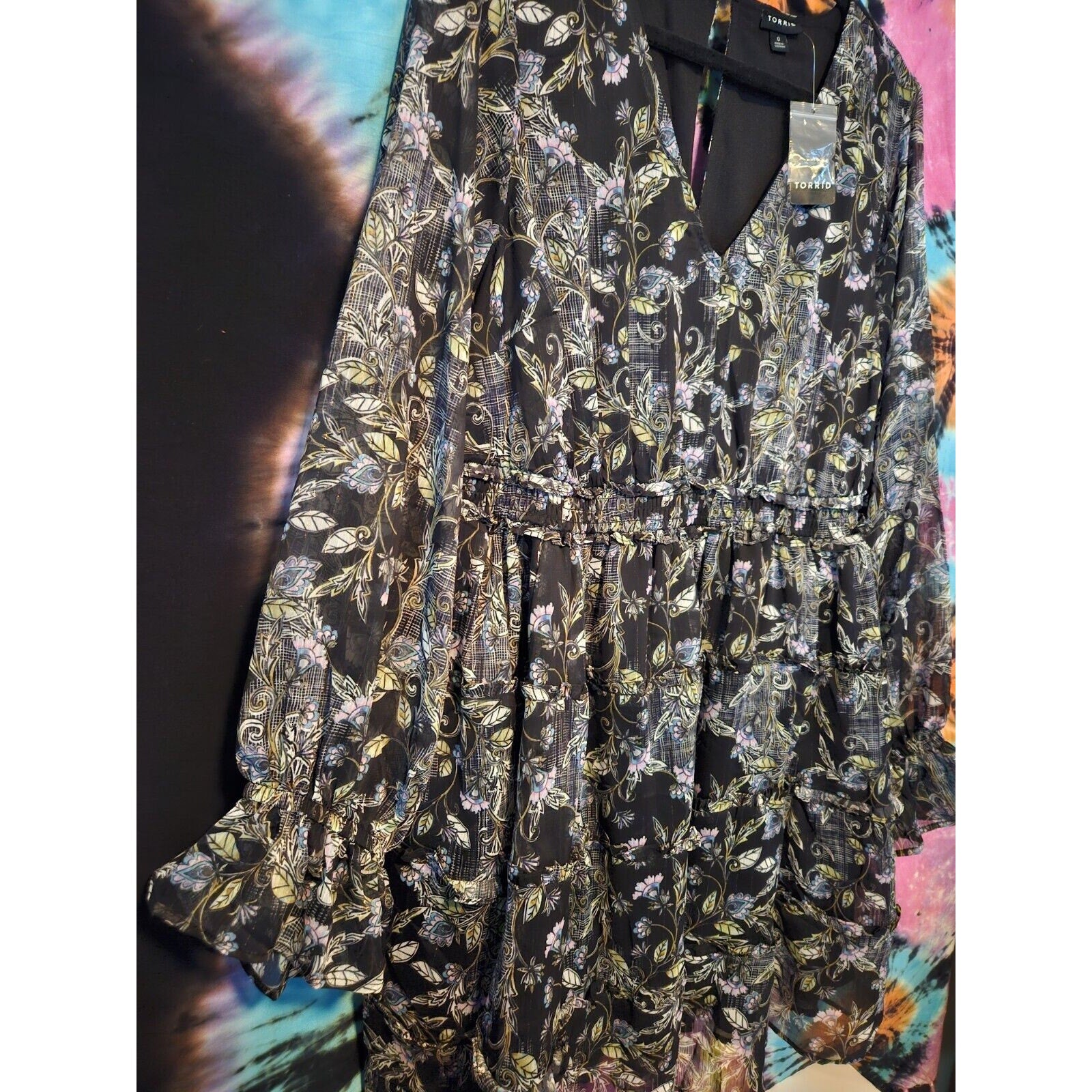 Torrid Mini Chiffon Tiered Dress Black Floral w/Gold Threads Sz 0 Lg 14 Pockets