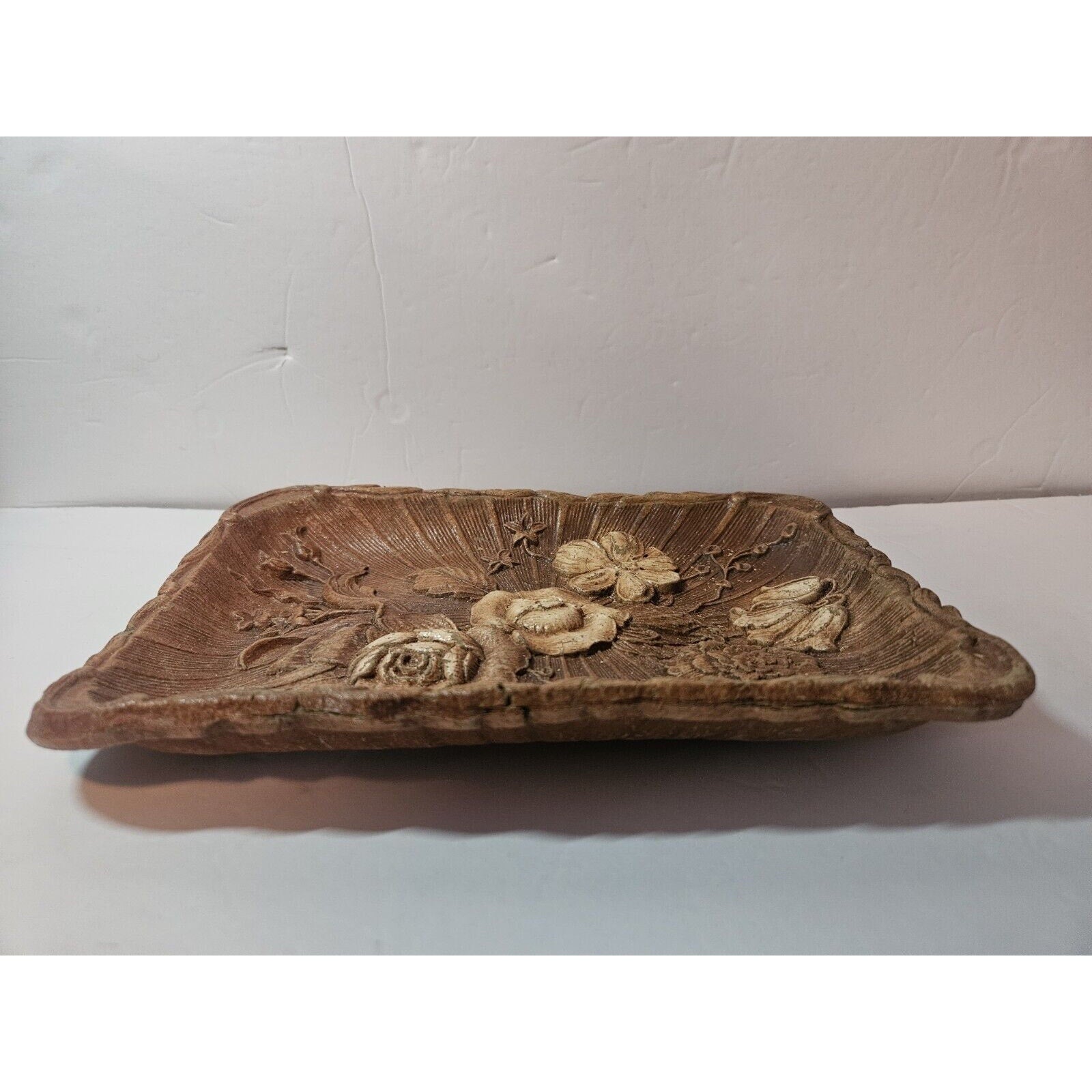 Vintage Multi Products Inc Brown Resin Faux Wood Tray Carved Flowers USA
