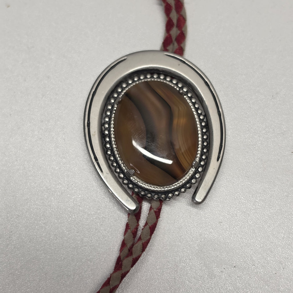 Vintage Western Banded Tigers Eye Agate Silver Tone Leather Western Bolo Tie