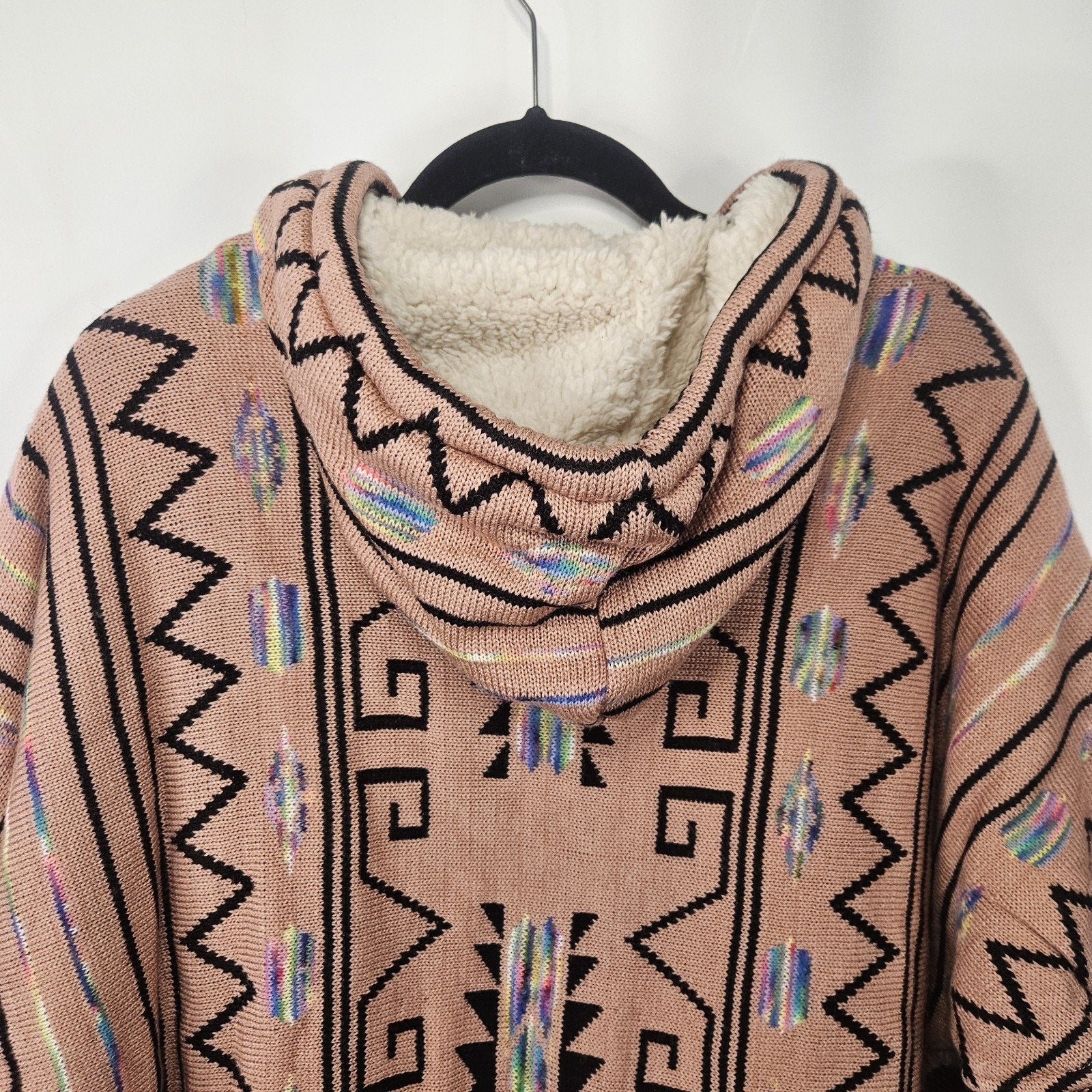 Vtg Aztec Print Poncho W/Hood Norma Angelica MX/Unisex Multicolor Lined 90’s