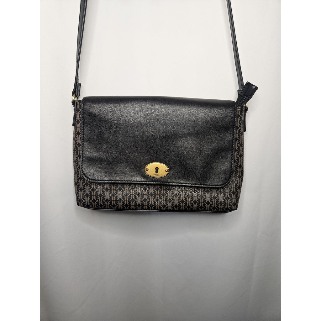Fossil Black & Logo Pattern Crossbody Bag With Gold Hardware And Adjustable Stra