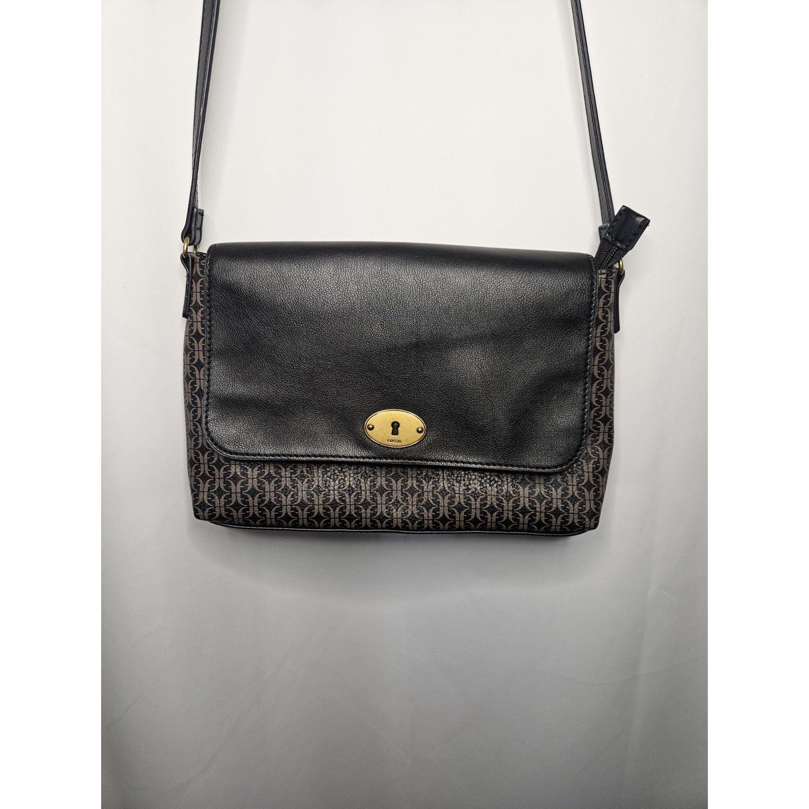 Fossil Black & Logo Pattern Crossbody Bag With Gold Hardware And Adjustable Stra