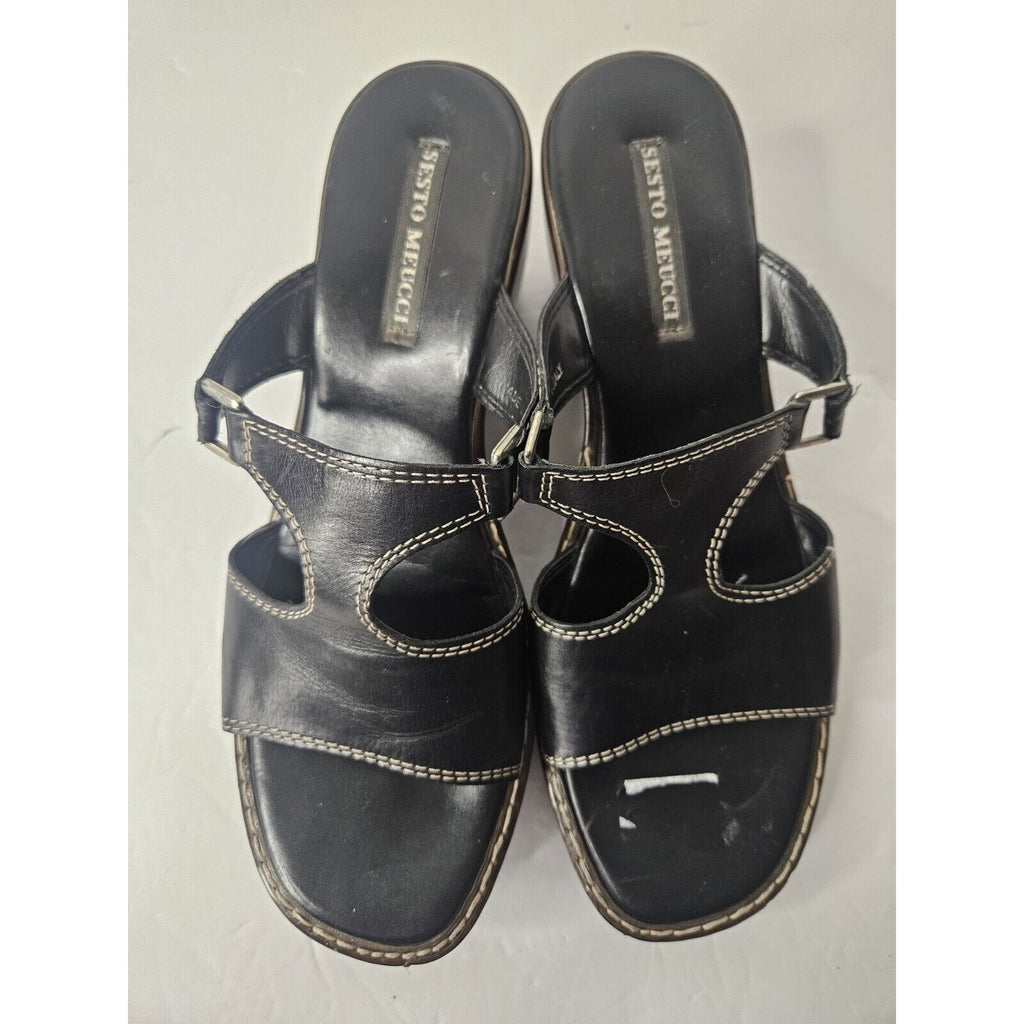 SESTO MEUCCI Soft Leather Wedge Sandal Black Sz 8 Made in ITALY Classic Slip-On