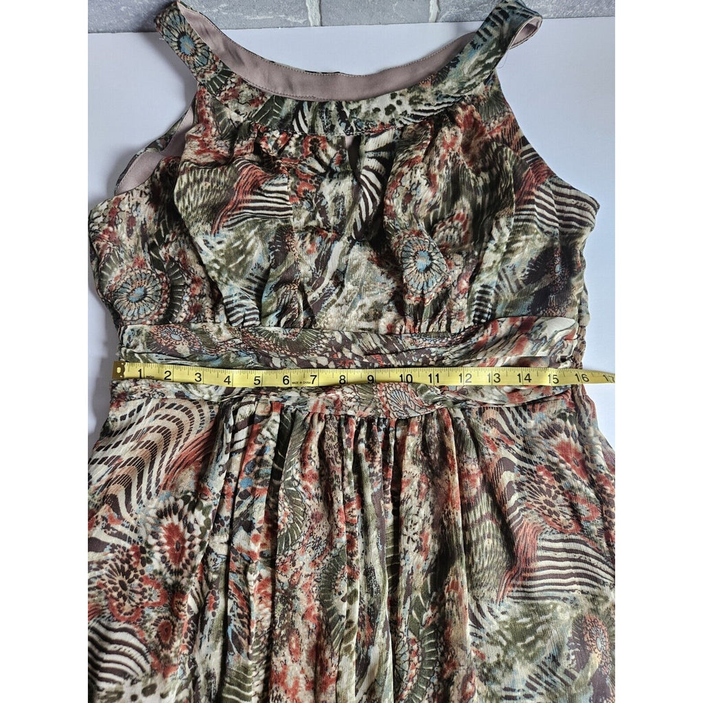 Perceptions New York Green Brown Tan Sleeveless Long Ruched Waist Poly Dress 14