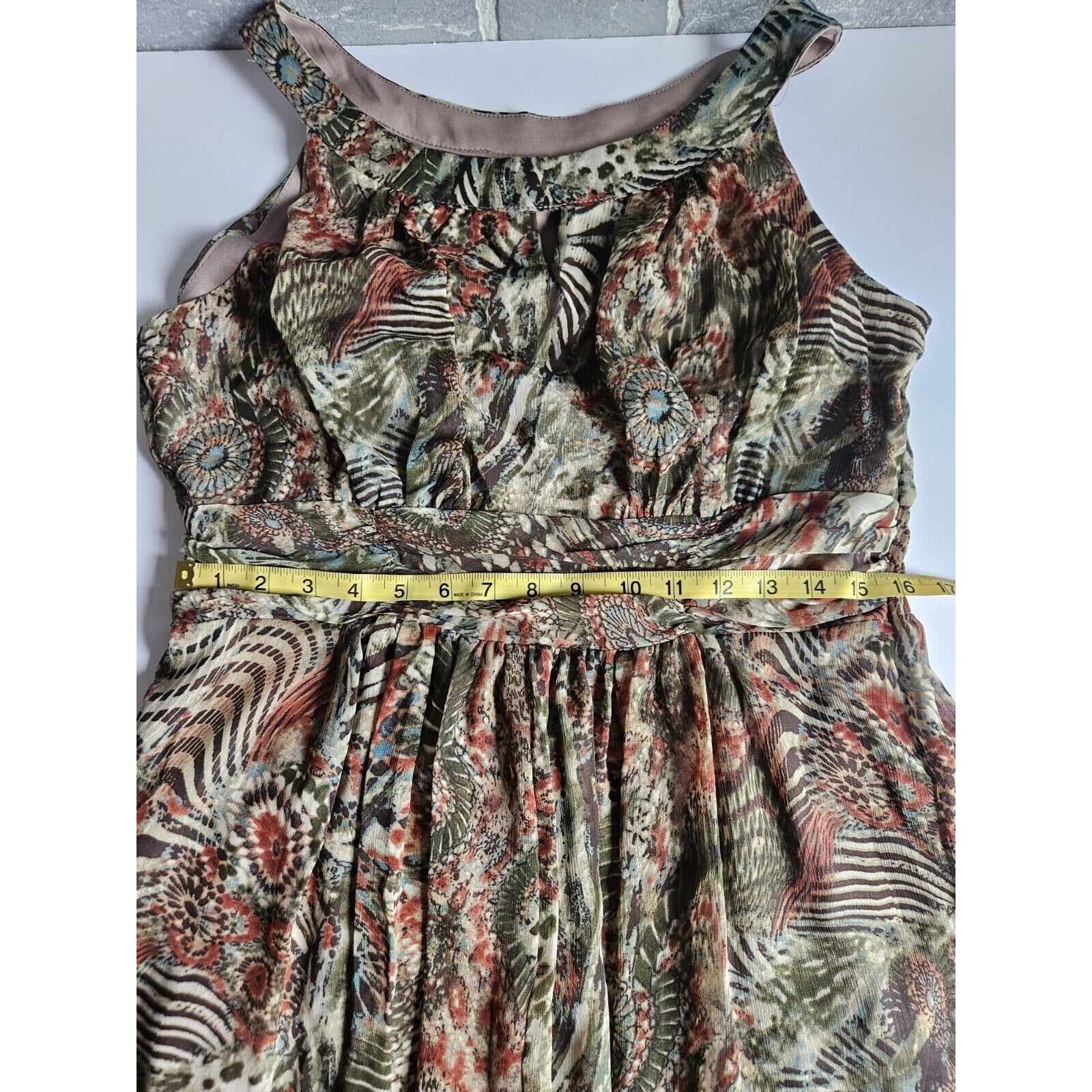 Perceptions New York Green Brown Tan Sleeveless Long Ruched Waist Poly Dress 14