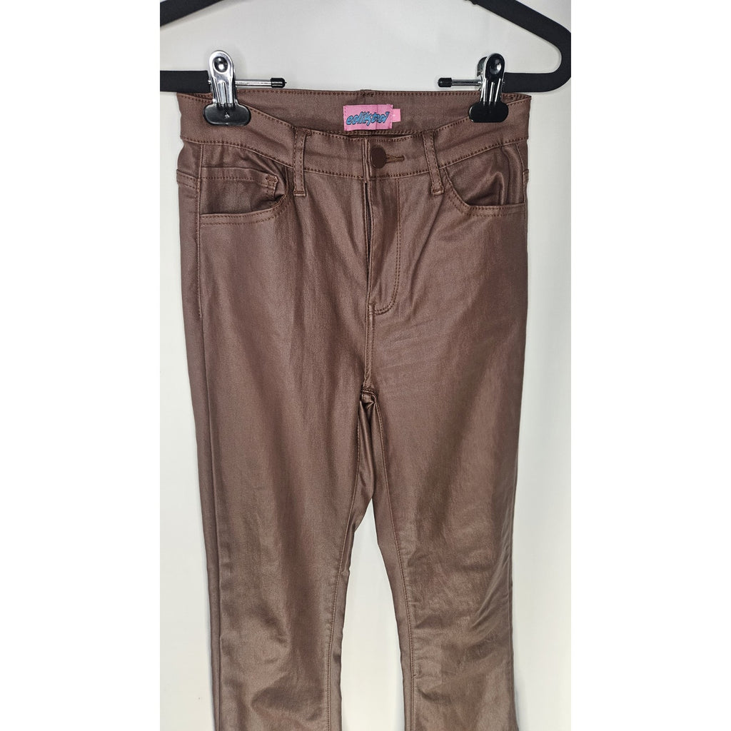 Edikted Women's Brown Shiny Denim Pant Flared Jeans High Rise Small Y2K Stretch