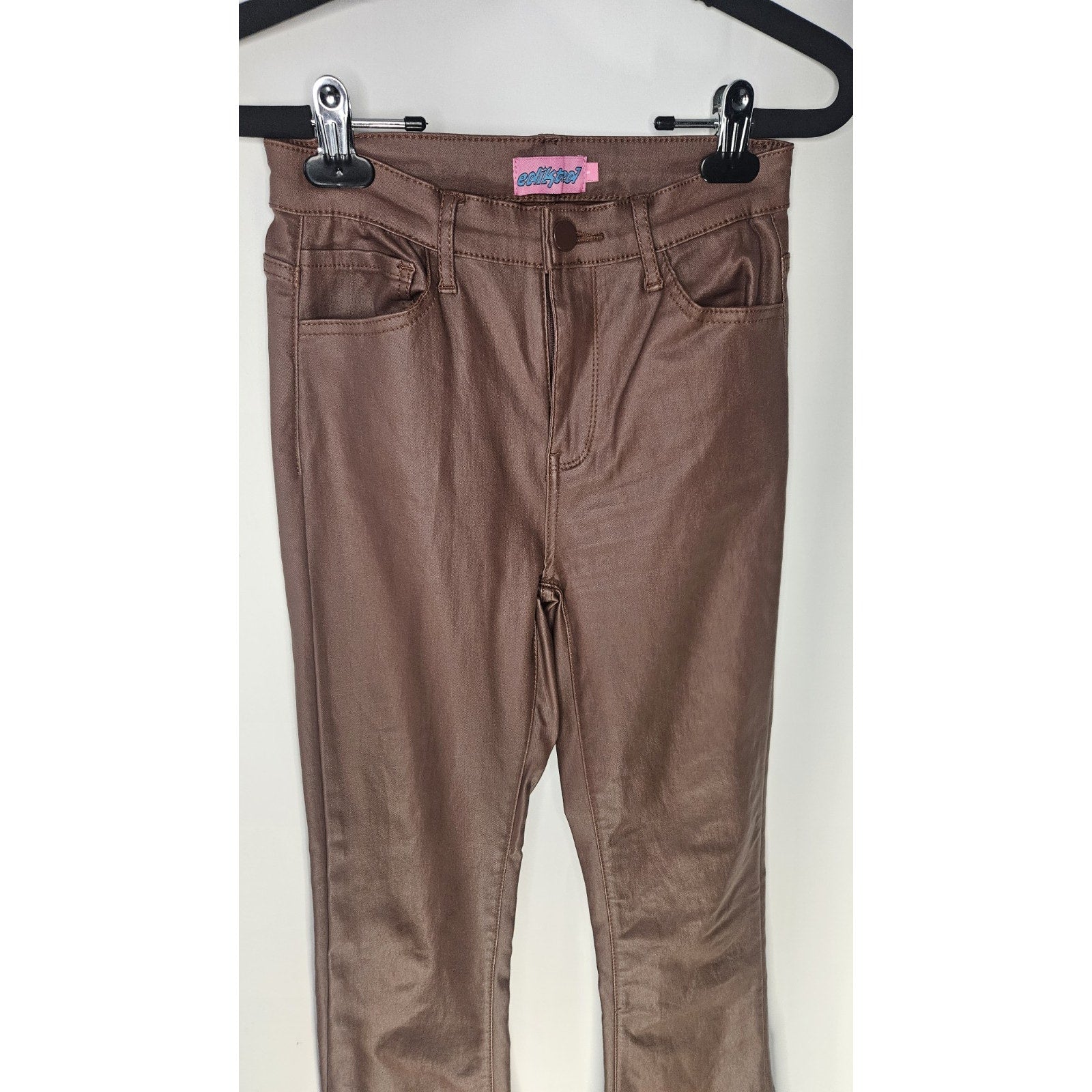 Edikted Women's Brown Shiny Denim Pant Flared Jeans High Rise Small Y2K Stretch