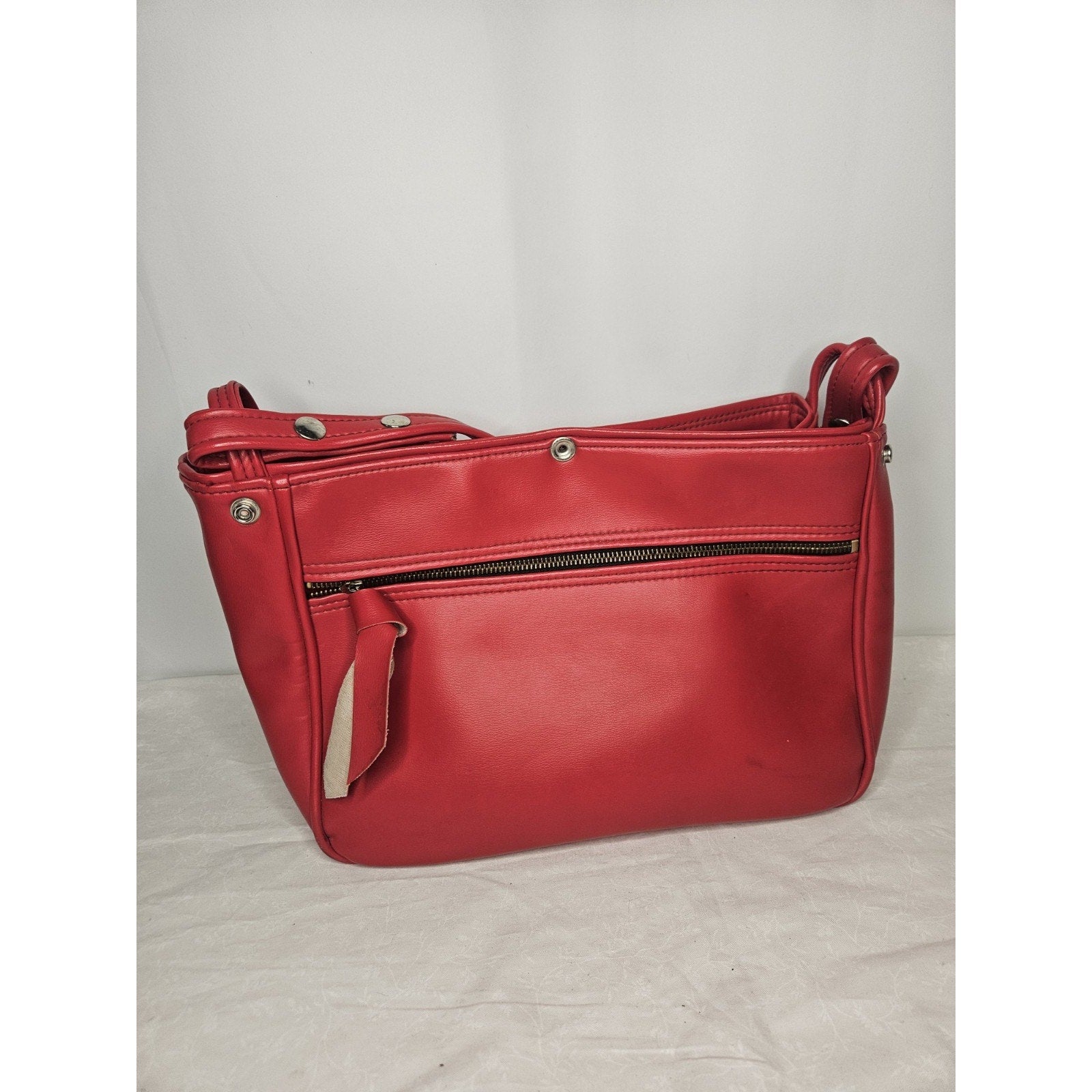 Vintage 70s Handmade Red Leather Tote Handbag Purse Shoulder Bag Classic