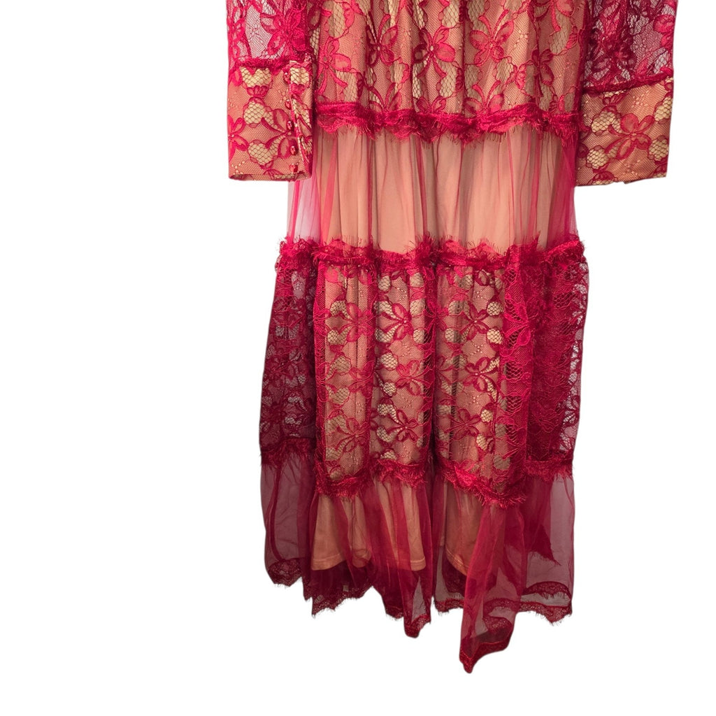 Sheer Mesh Contrast Lace Hollow Embroidered Mesh Waist-Cinched Maxi Large Red Dress