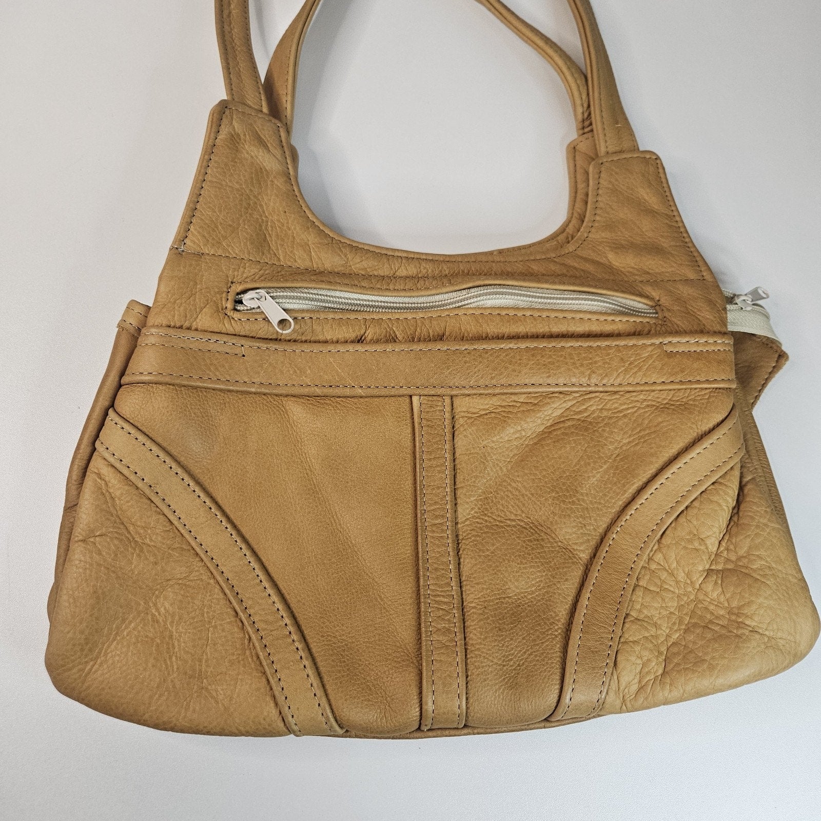 Vintage Soft Light Brown Leather 6 Pocket 2 Strap Whale Tail Lg Shoulder Bag