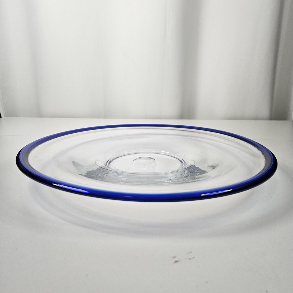 Vintage Hand Blown Blue Rim Clear Glass Platter Plate 13-3/4" Modern Candle Tray