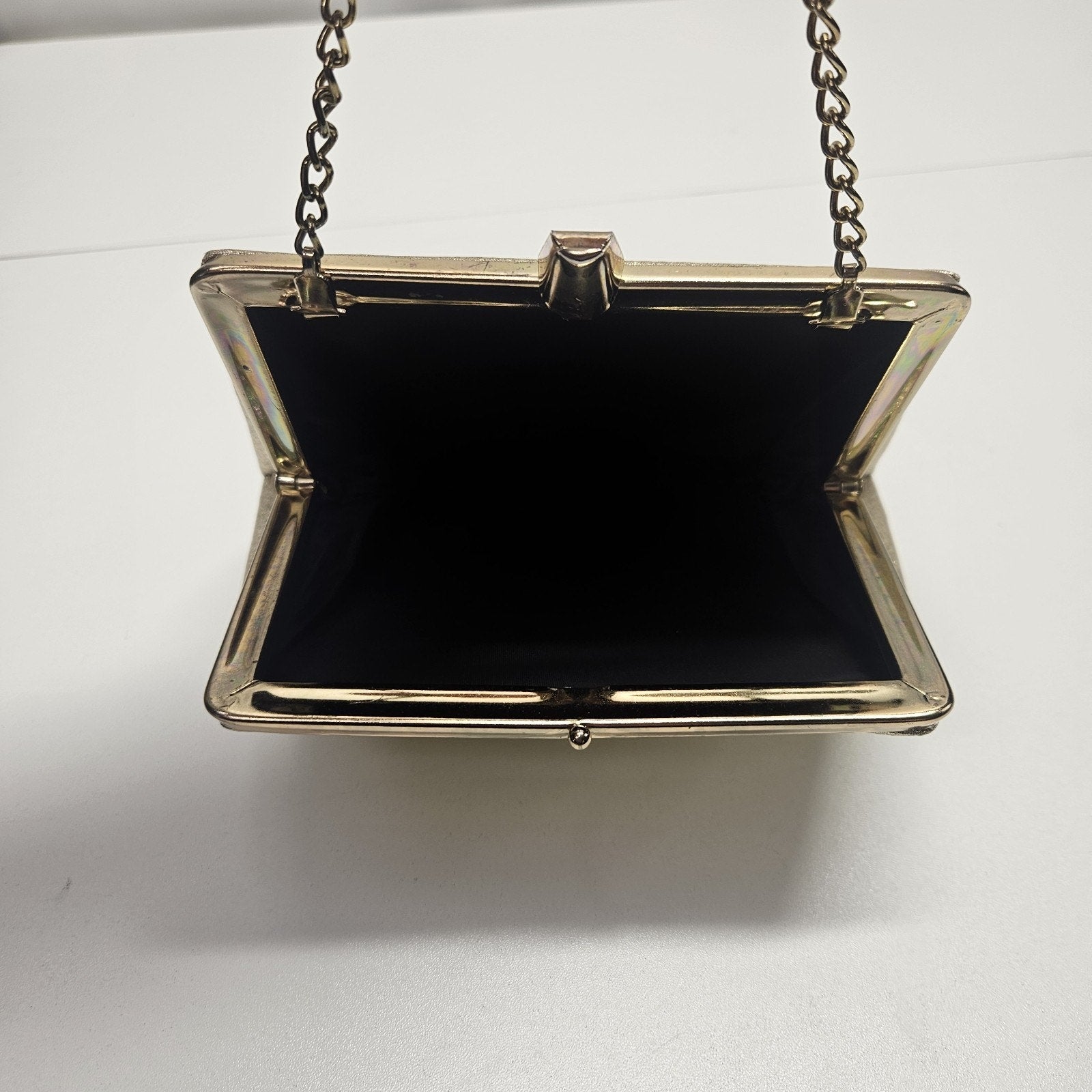 Vintage MCM Shiny Gold Metallic Purse Chain Strap Clutch Evening Bag Mod Wedding