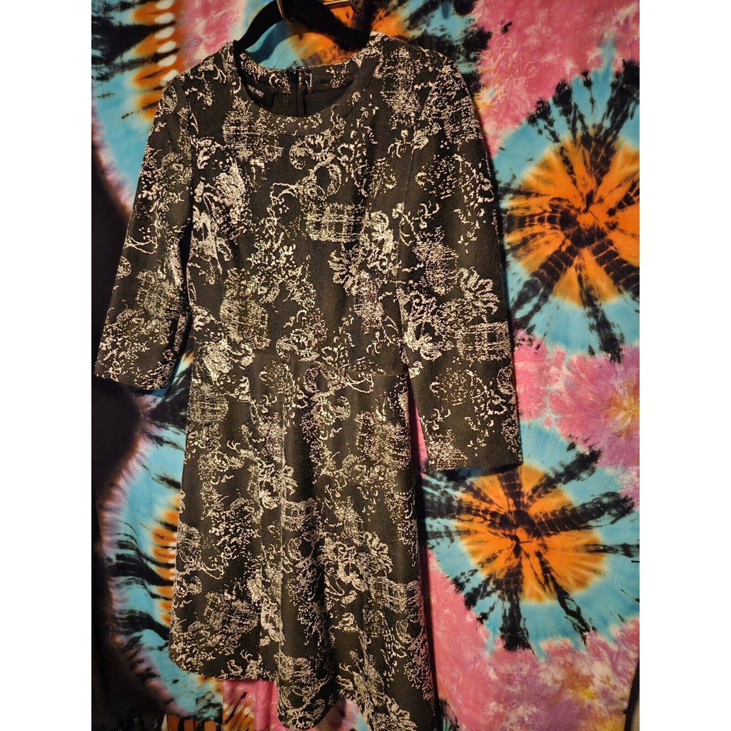 Nine West Women's Black White Fit & Flare Dress Stretch Textured 3/4 Sleeve Sz 4