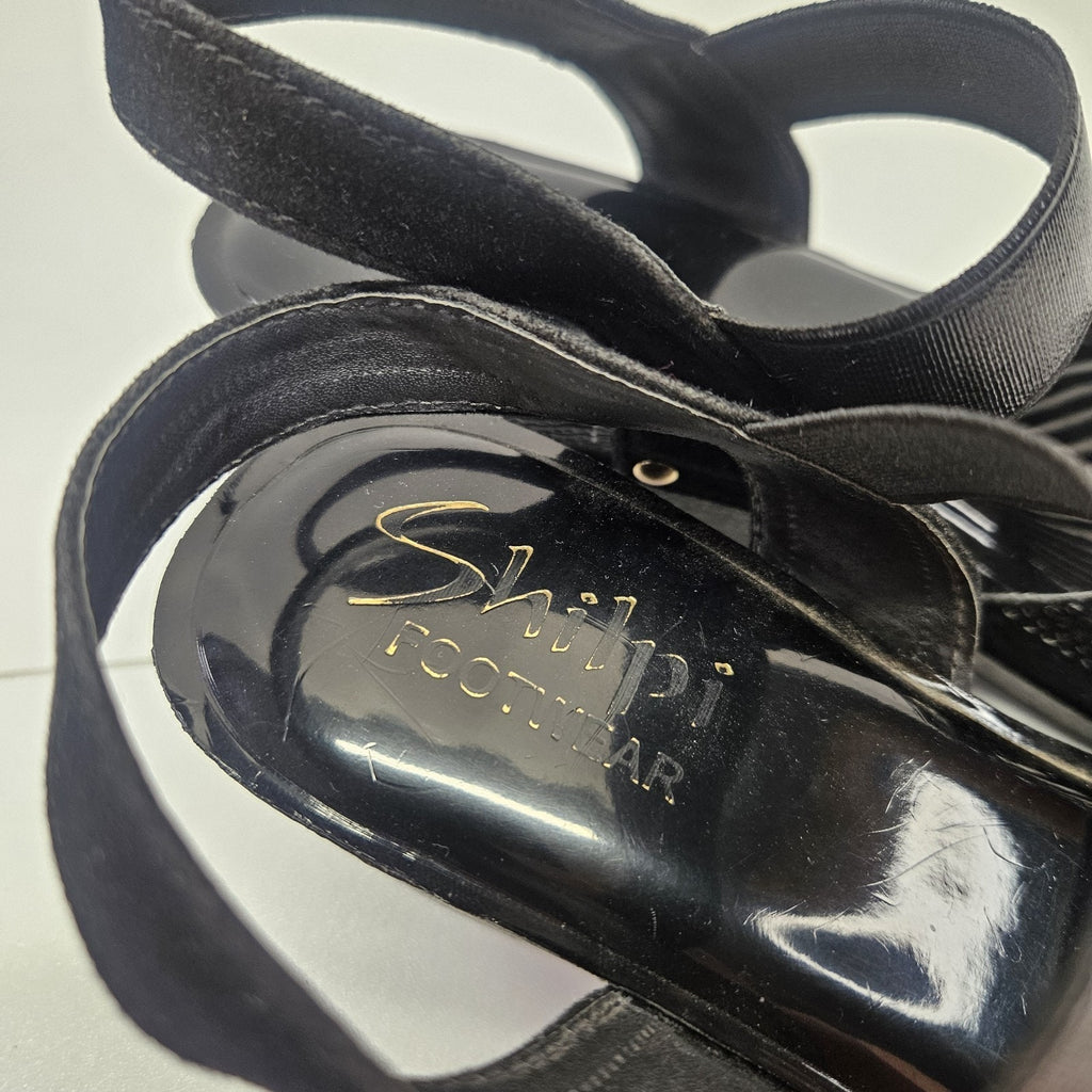Shilip Footwear Low Platform Wedge Studded Sandals Black Rhinestones Sz 8.5M