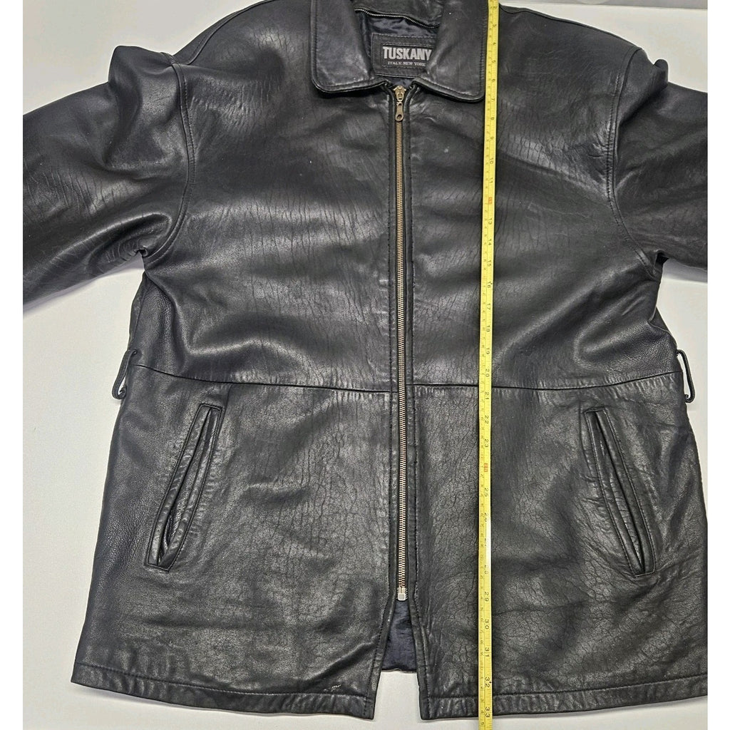 Vintage Tuskany Italian Leather Jacket Black Midi Coat Men's Large