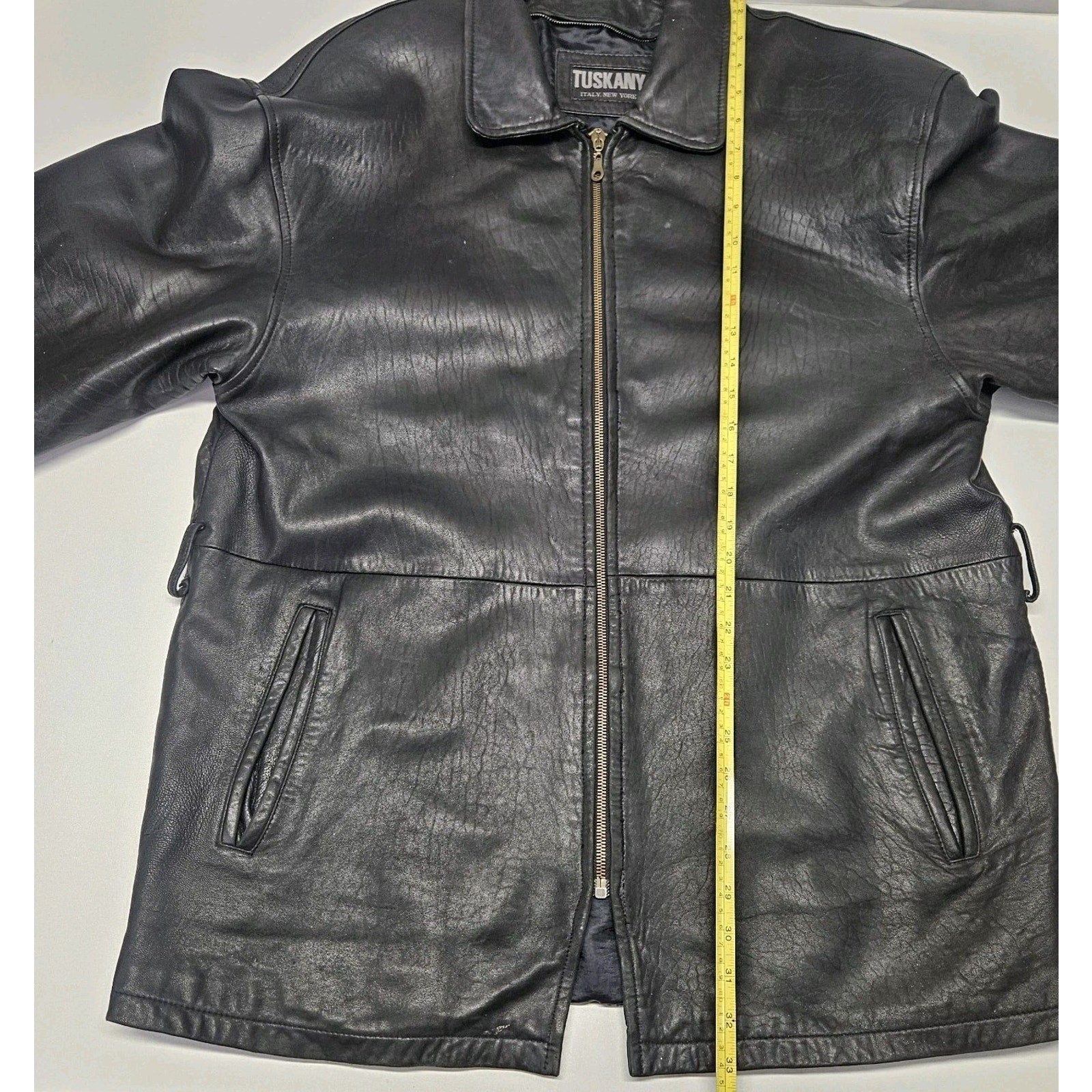 Vintage Tuskany Italian Leather Jacket Black Midi Coat Men's Large