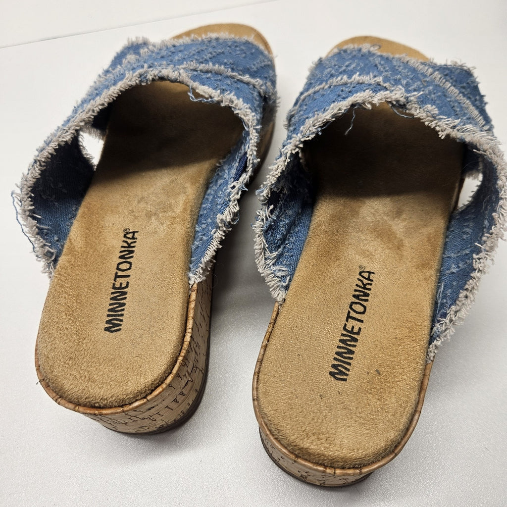 Minnetonka Posey Wedge Sandals Denim Slip On Platforms Size 9 Preppy Y2K Grunge