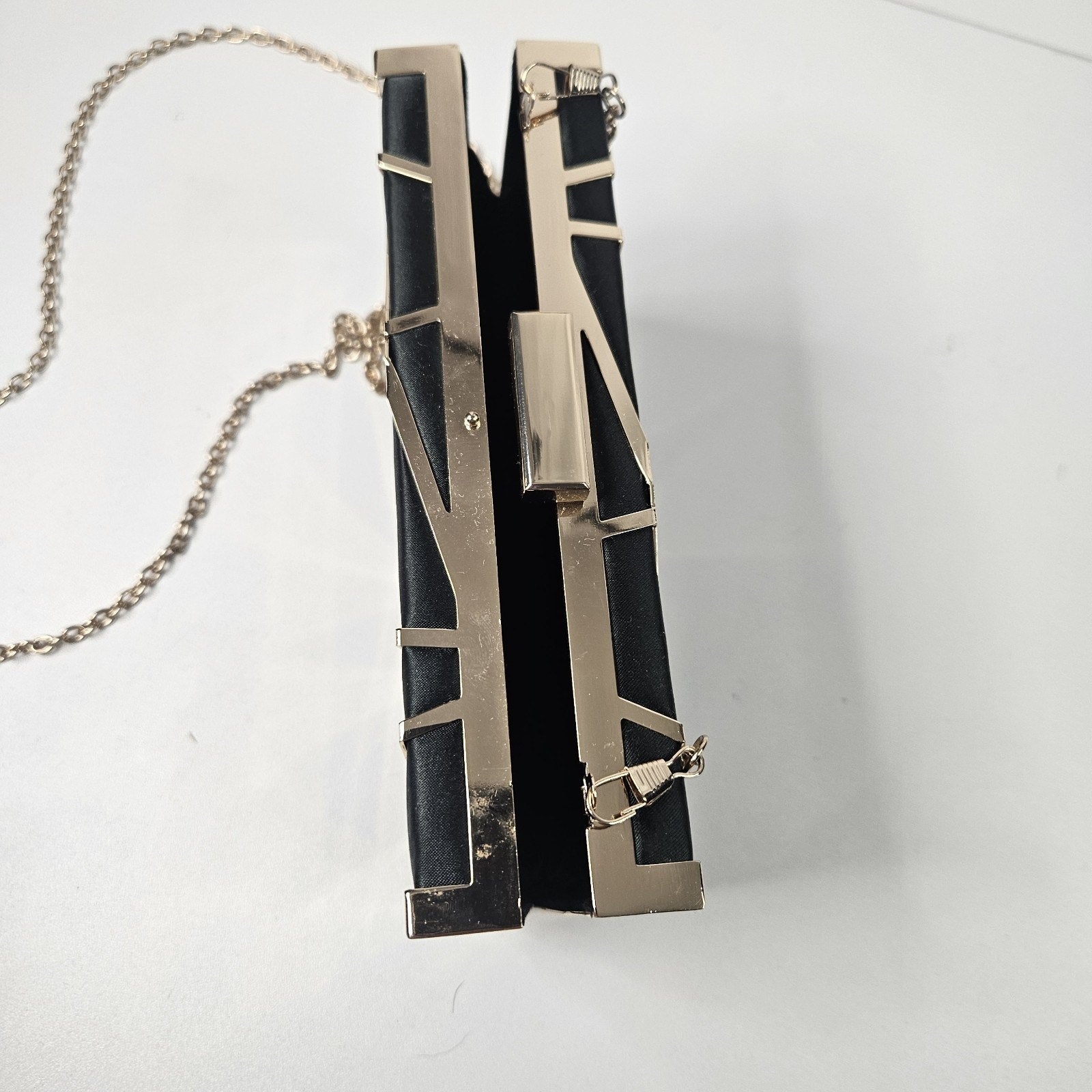 Lune Lazer Plated Clutch Bag Black Gold Chain Removable Strap Micro Purse