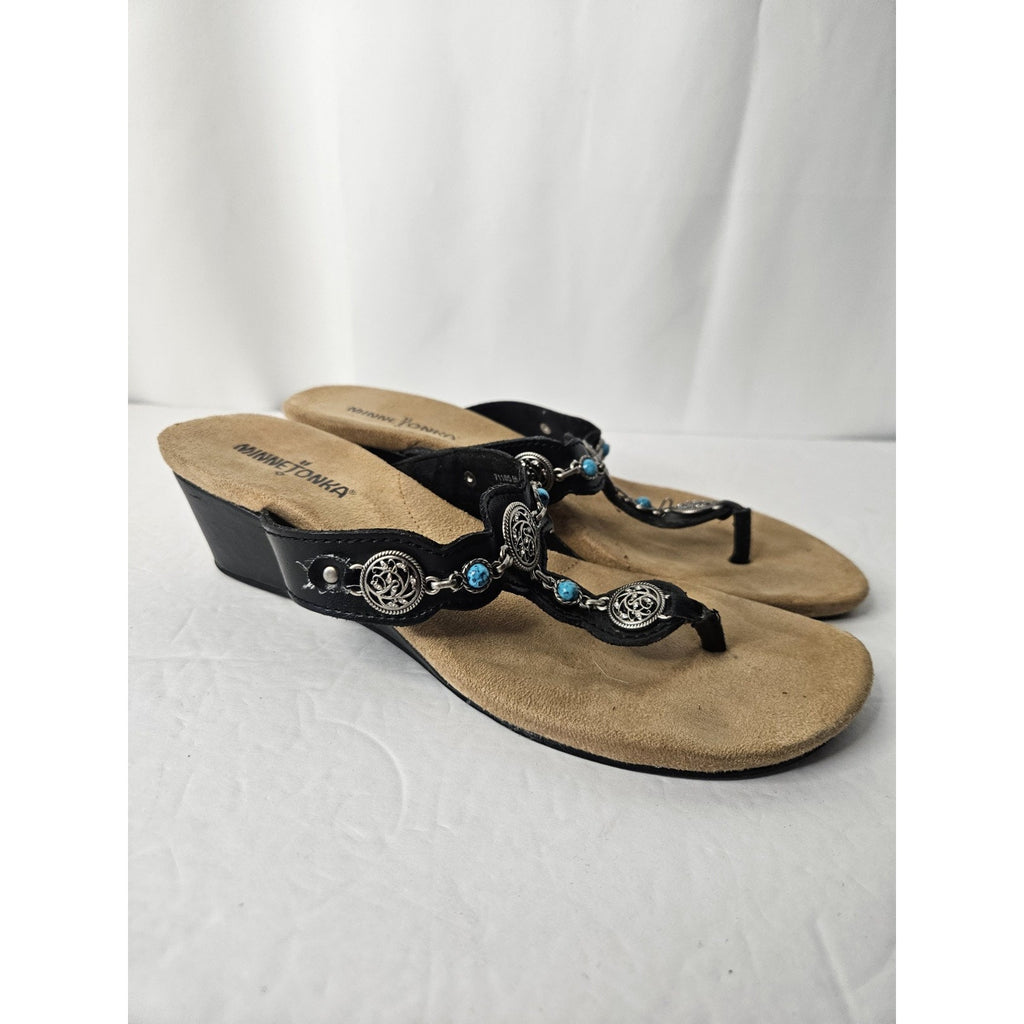 Minnetonka Boca Thong Sandals Women’s 8 Black Flip Flop Silver Turquoise 71105
