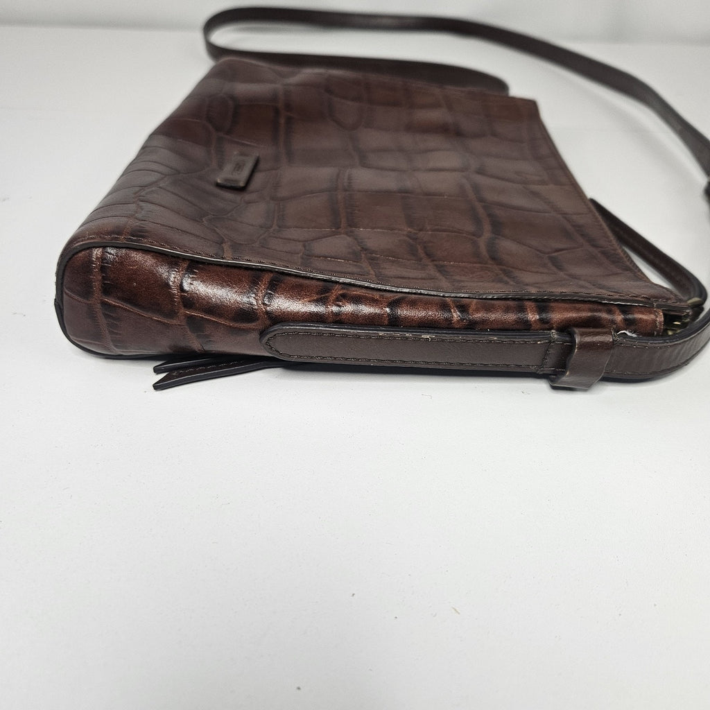 Vintage FOSSIL Croc Embossed Brown Leather Shoulder Crossbody - 10 x 8"