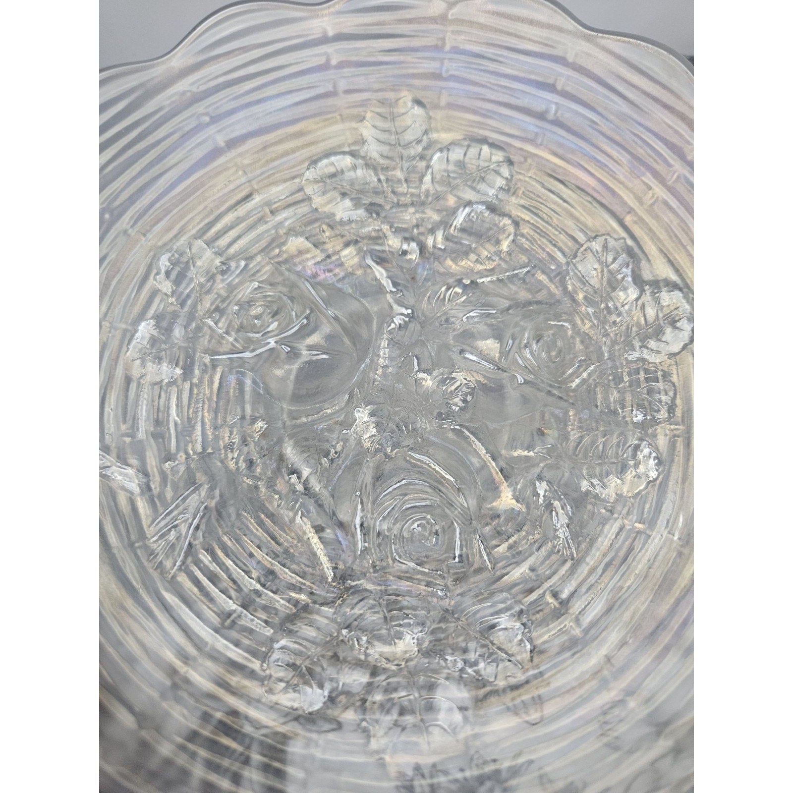 Antique Northwood White Carnival Glass Rose Show Deep Plate Iridescent Frosted
