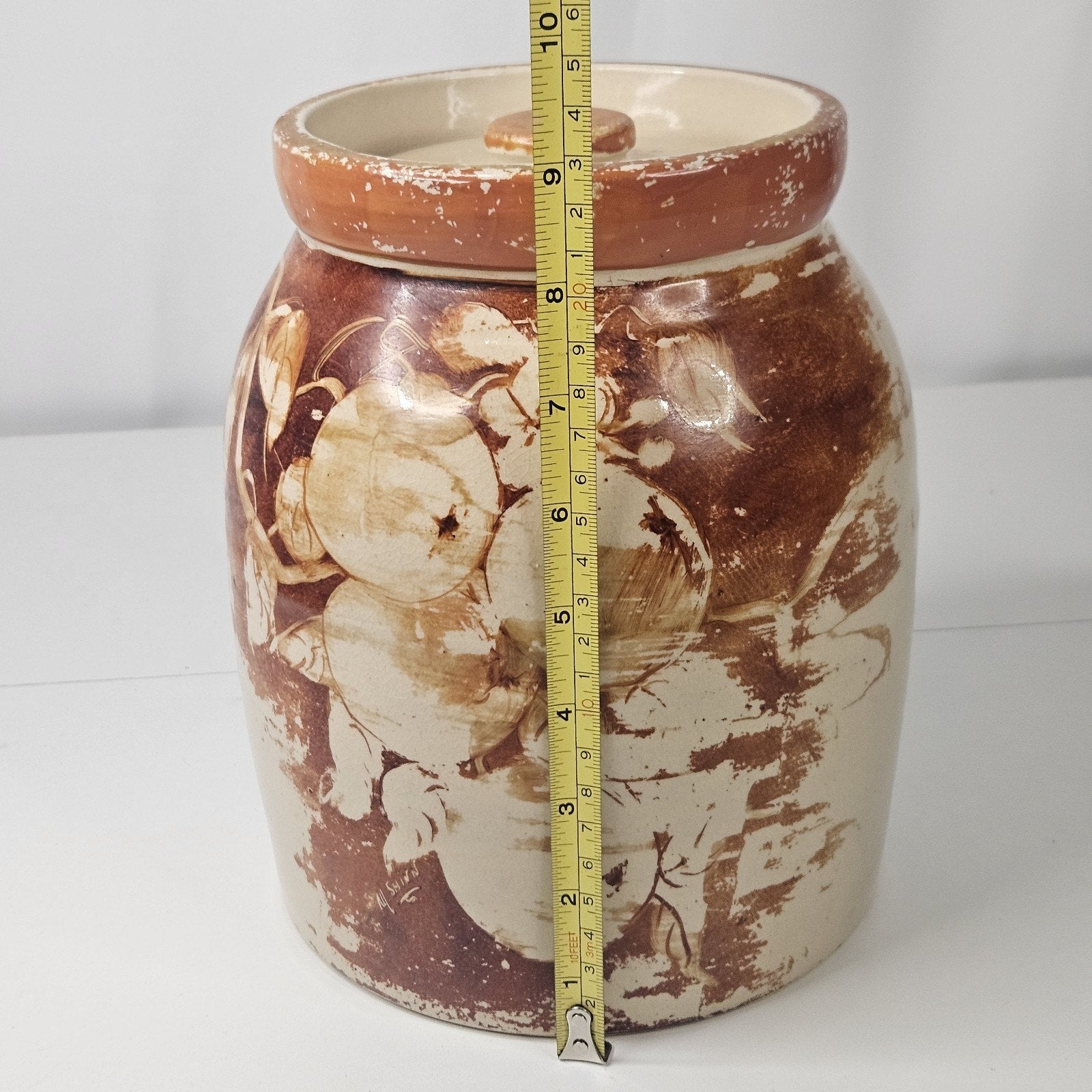 Vintage Glazed Pottery Abstract Fruit Print Cookie Jar Retro Kitchen Storage