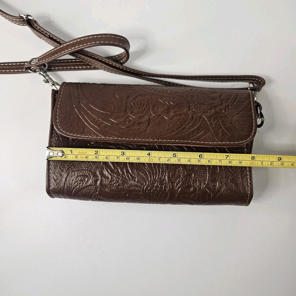 Floral Embossed Envelope Crossbody Wristlet Bag Brown Faux-Leather Western Purse