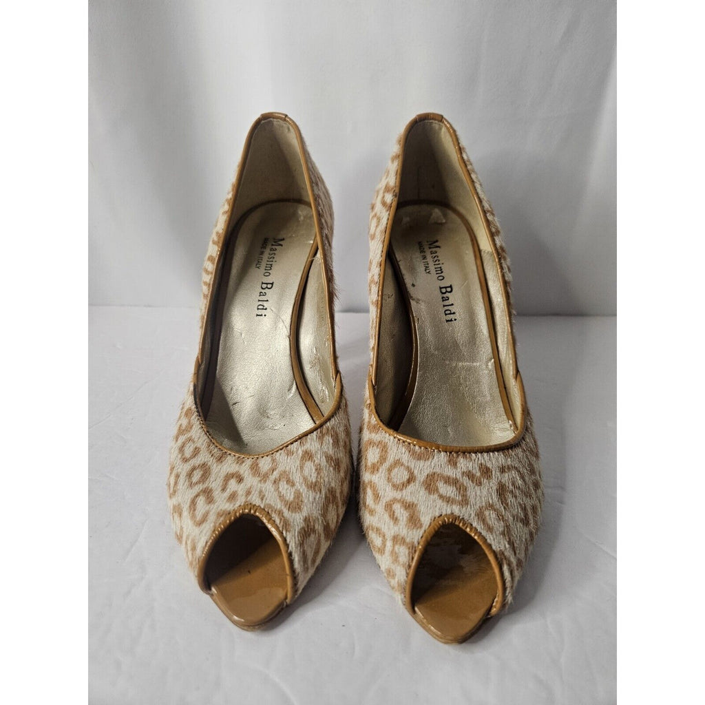 EUC Massimo Baldi Leopard Print Haircalf Peep Toe High Heel Italian Pumps Sz 7