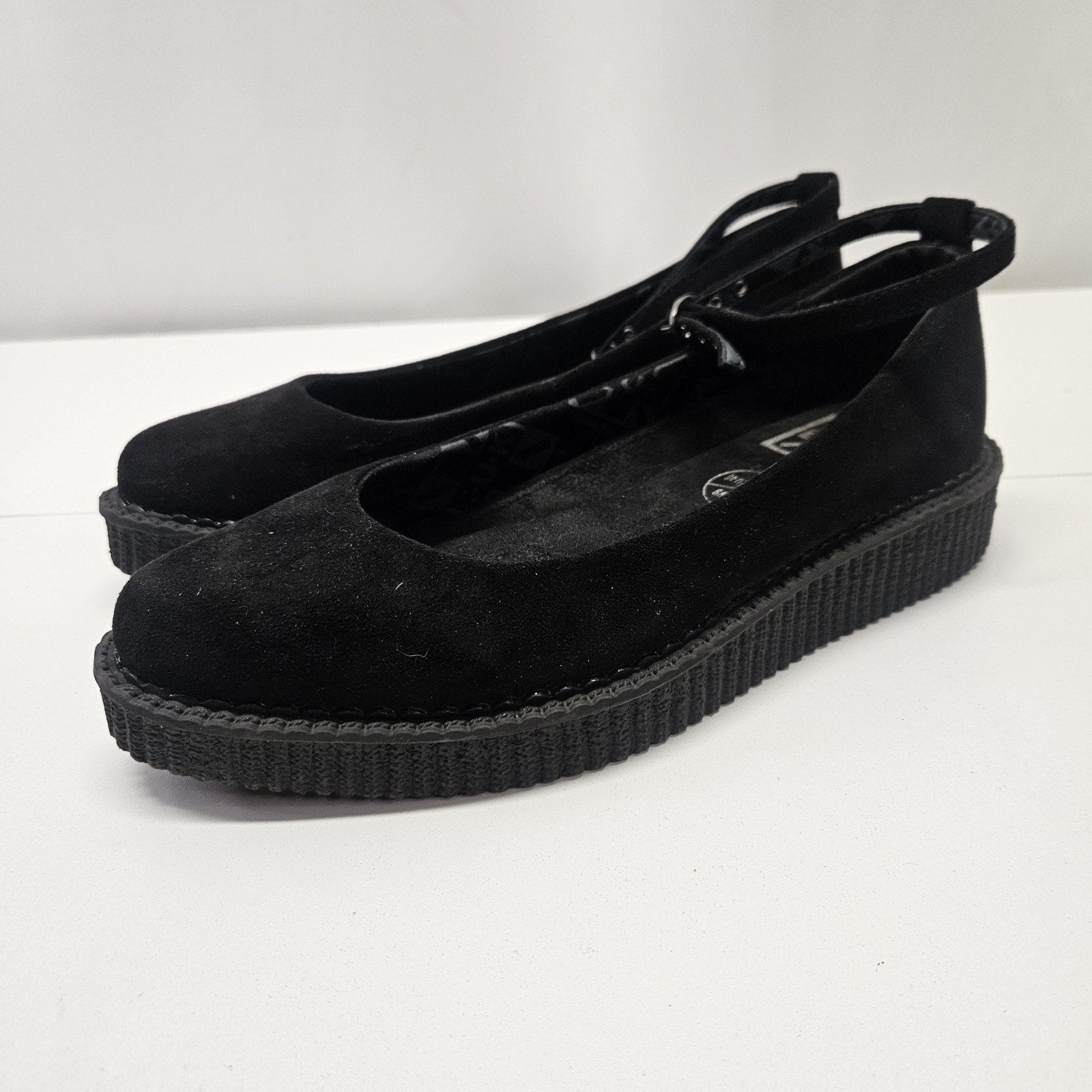 TUK Black Pointed Ballet Ankle Strap Creeper Women's Size 9 Casual Comfort Shoes