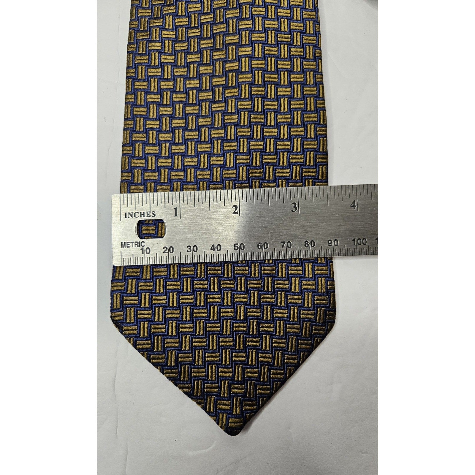 Brooks Brothers Makers USA + English Silk Navy Blue w/Yellow Jacquard Tie