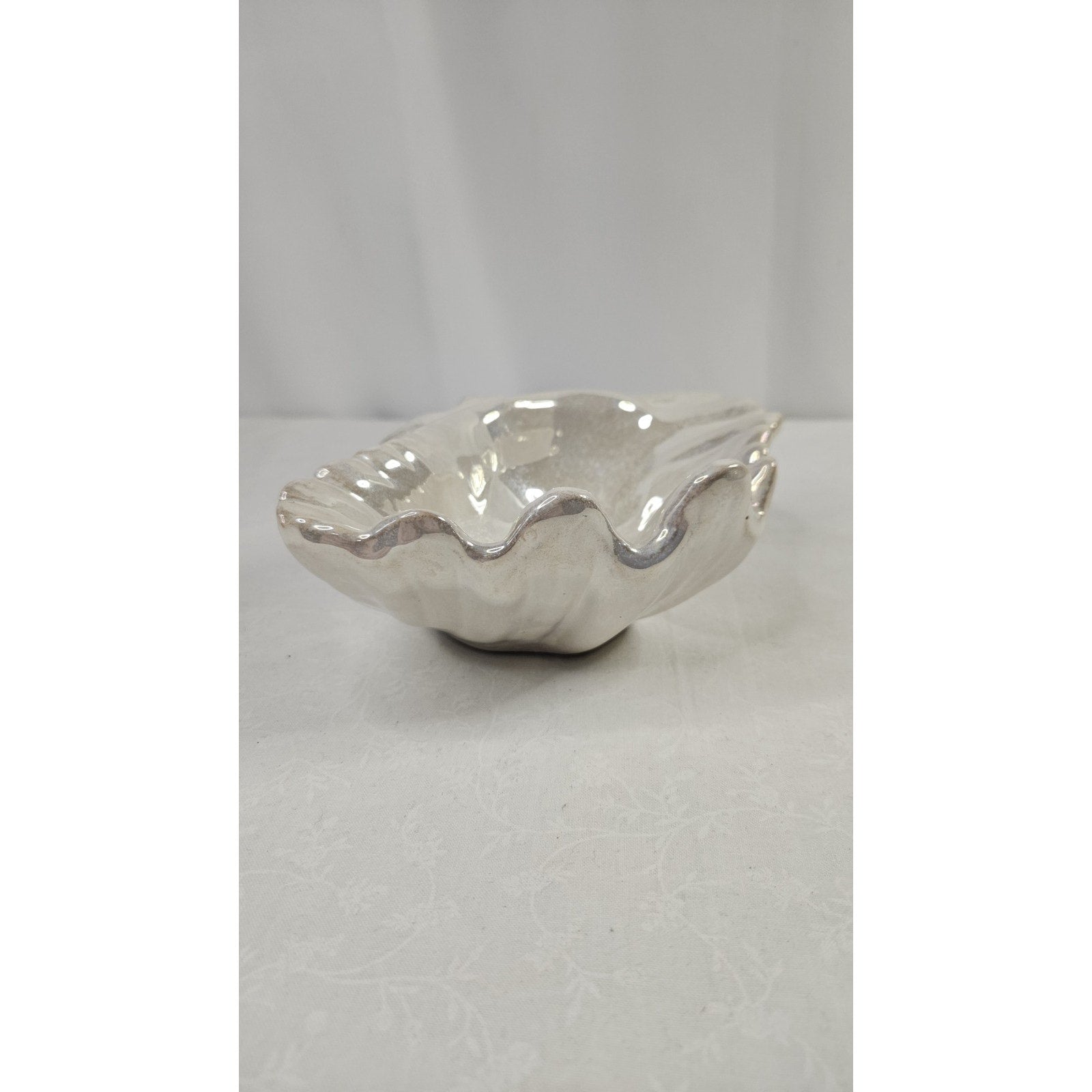 Hand Blown Opalescent Shell Art Glass Bowl White Rainbow Mid Century Beach