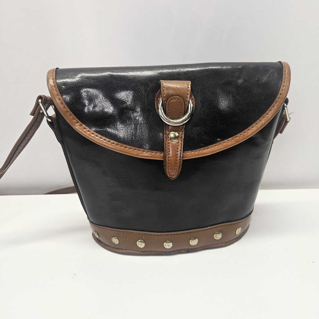 Vintage Black And Tan Leather Crossbody Shoulder Bag Purse Suede Liner Hong Kong